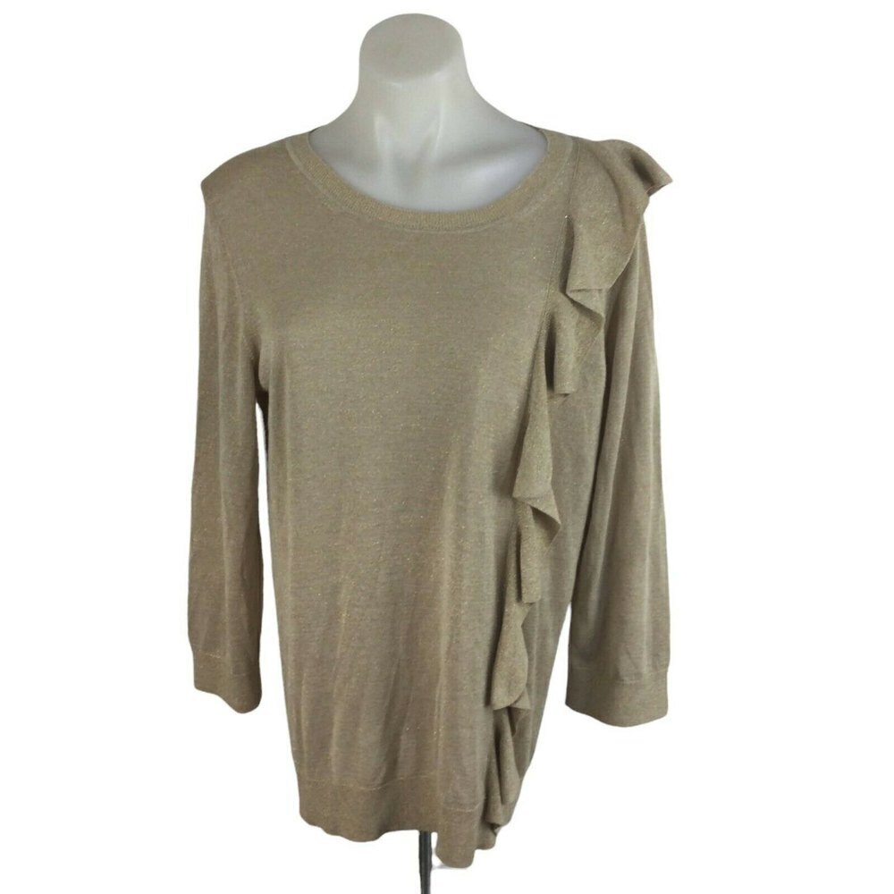 Banana Republic Gold Metallic Weave Tan 3/4 Ruffle Accent Sweater Womens XL
